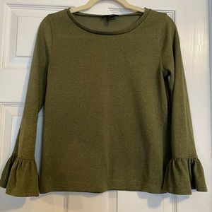 J Crew Sparkly Olive T-shirt with 3/4 Bell Sleeves Small